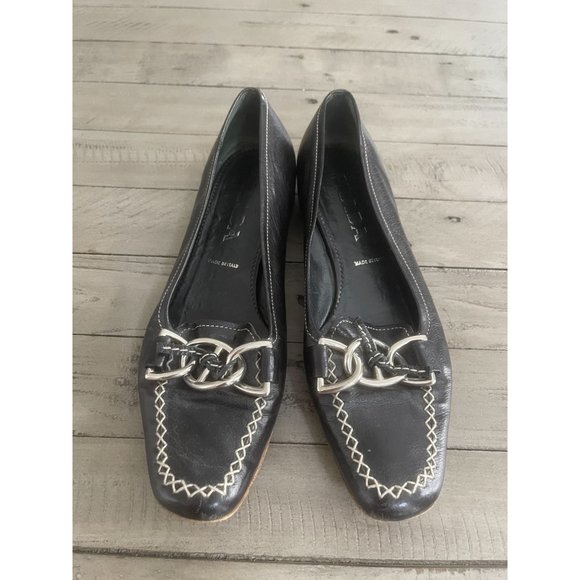 PRADA Black Leather Chain Link Loafer Moccasin Flats - Size 37 7 - Picture 1 of 16